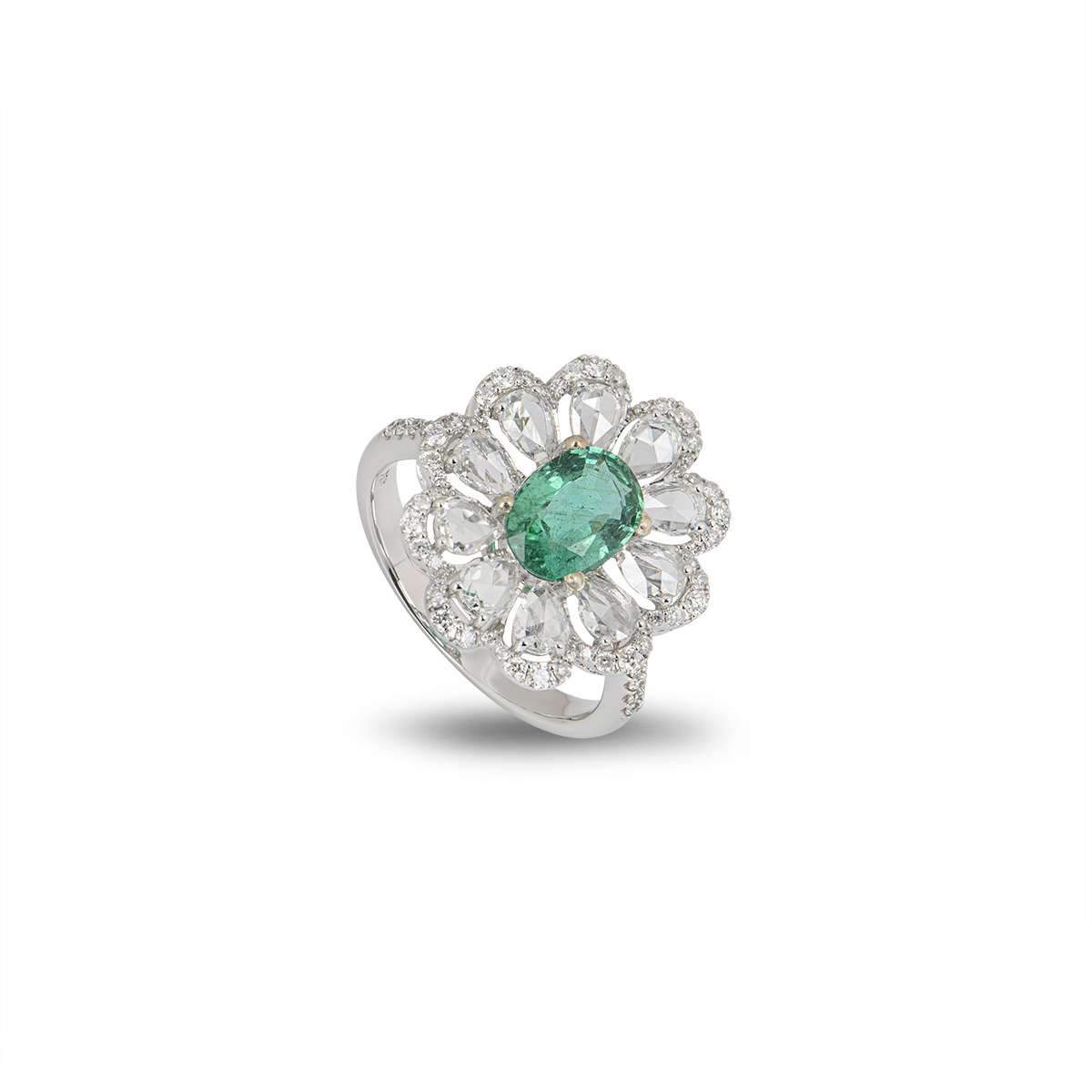 White Gold Emerald and Diamond Flower Ring